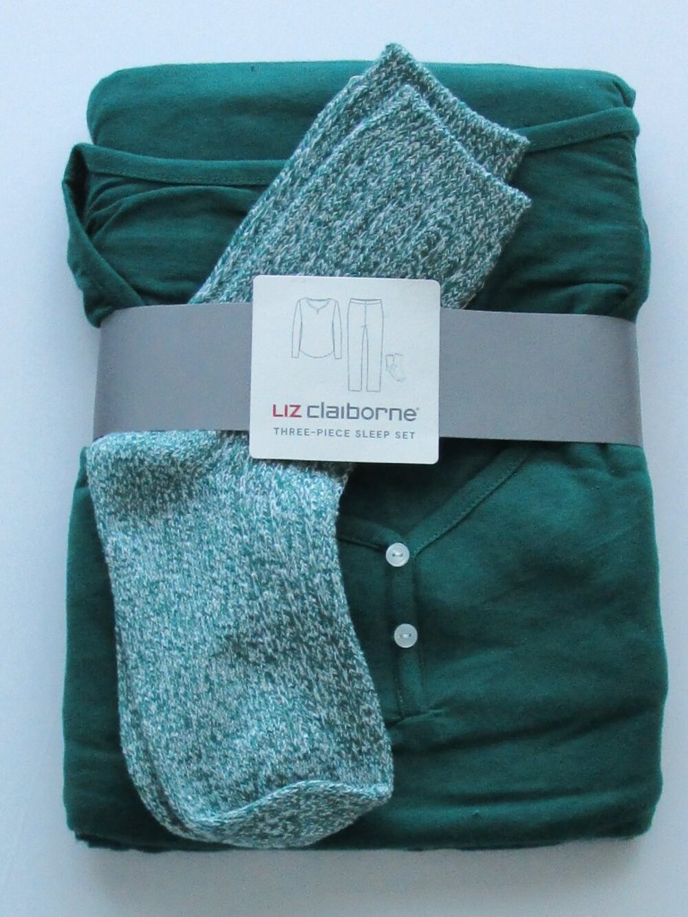 Liz Claiborne 3-pc Pajama Set - green/navy plaid jersey/flannel